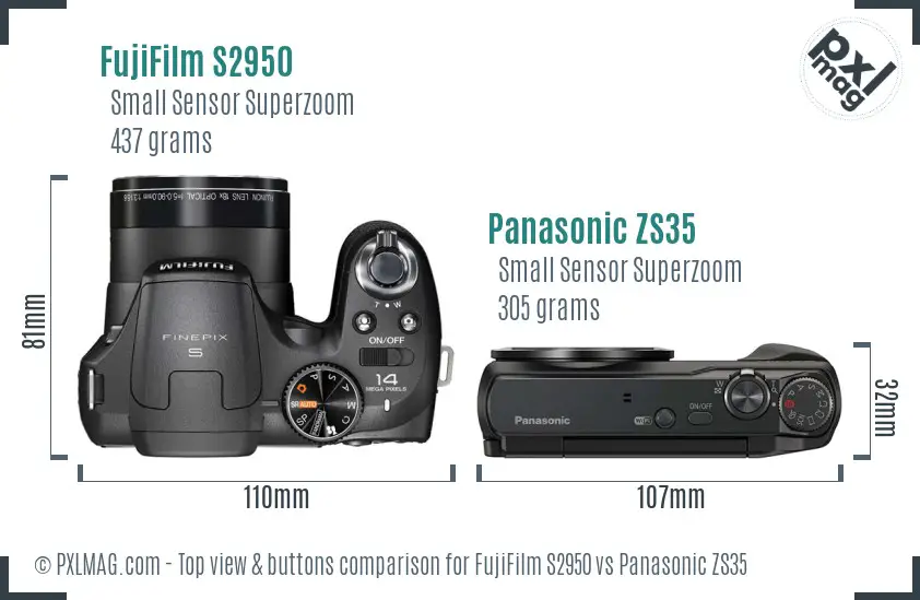 FujiFilm S2950 vs Panasonic ZS35 top view buttons comparison