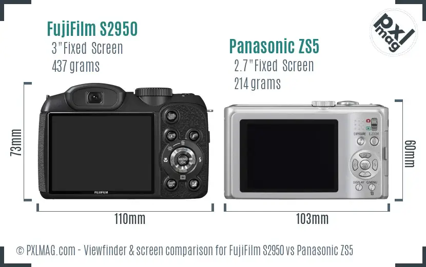 FujiFilm S2950 vs Panasonic ZS5 Screen and Viewfinder comparison
