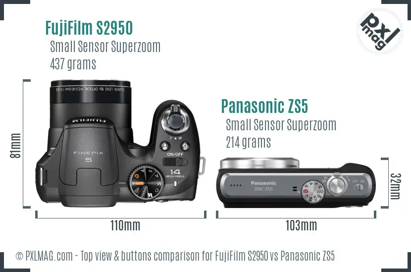 FujiFilm S2950 vs Panasonic ZS5 top view buttons comparison