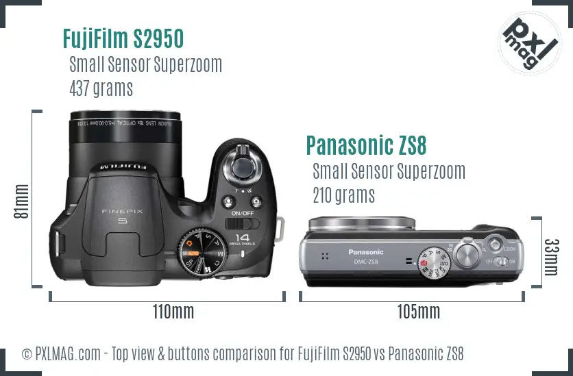 FujiFilm S2950 vs Panasonic ZS8 top view buttons comparison