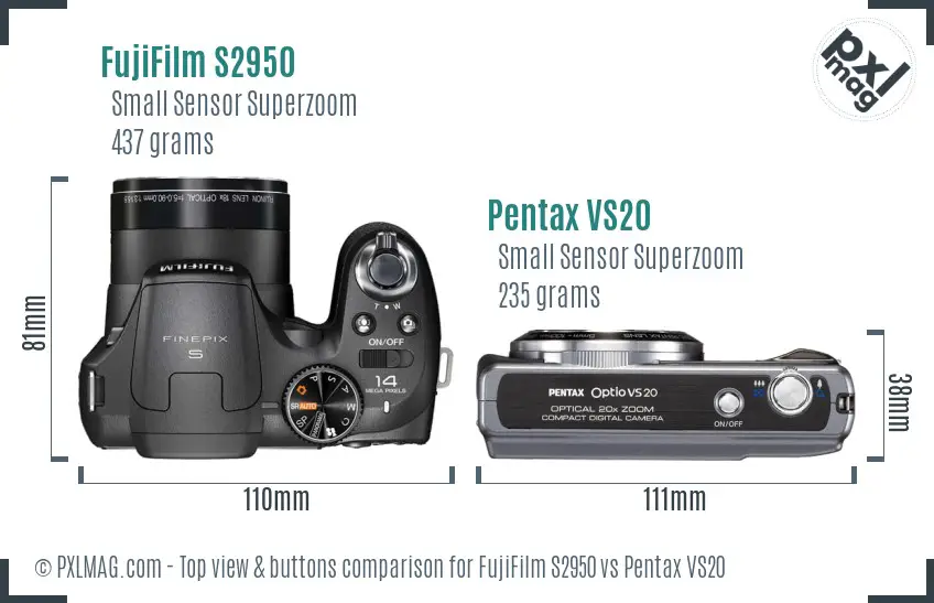 FujiFilm S2950 vs Pentax VS20 top view buttons comparison