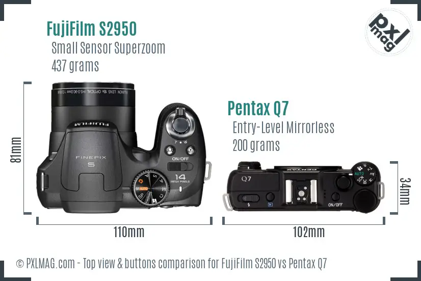 FujiFilm S2950 vs Pentax Q7 top view buttons comparison