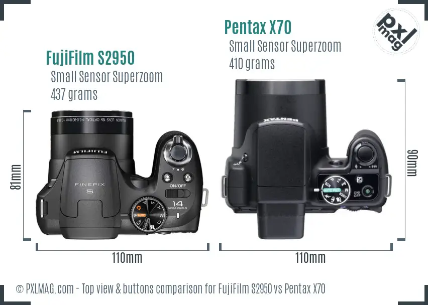 FujiFilm S2950 vs Pentax X70 top view buttons comparison