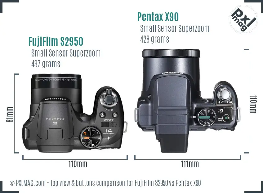 FujiFilm S2950 vs Pentax X90 top view buttons comparison FujiFilm S2950 vs Pentax X90 top view buttons comparison
