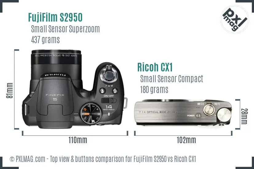 FujiFilm S2950 vs Ricoh CX1 top view buttons comparison
