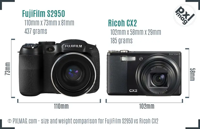 FujiFilm S2950 vs Ricoh CX2 size comparison