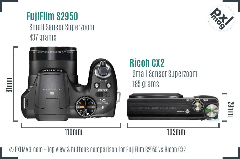 FujiFilm S2950 vs Ricoh CX2 top view buttons comparison