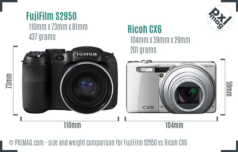 FujiFilm S2950 vs Ricoh CX6 size comparison