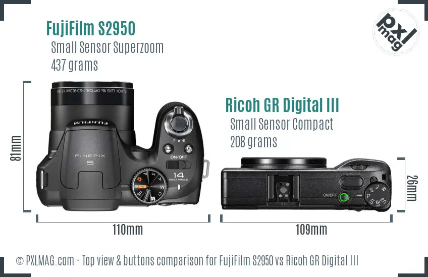 FujiFilm S2950 vs Ricoh GR Digital III top view buttons comparison FujiFilm S2950 vs Ricoh GR Digital III top view buttons comparison
