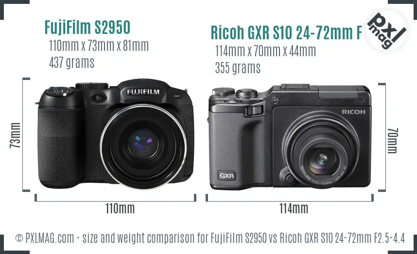 FujiFilm S2950 vs Ricoh GXR S10 24-72mm F2.5-4.4 VC size comparison