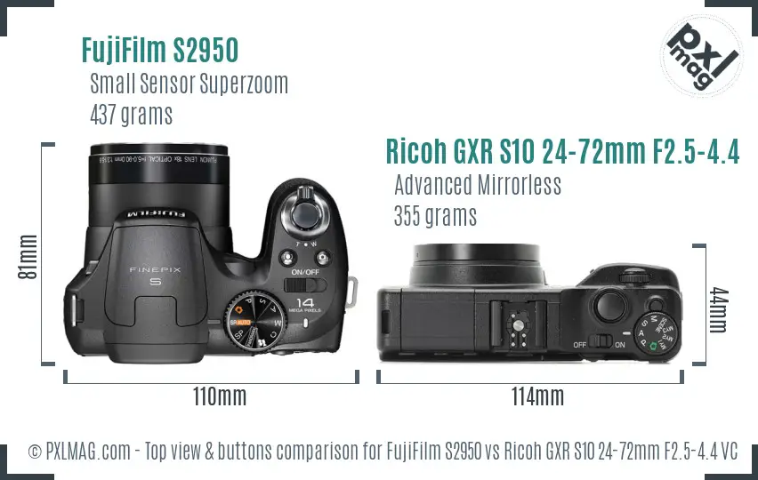 FujiFilm S2950 vs Ricoh GXR S10 24-72mm F2.5-4.4 VC top view buttons comparison
