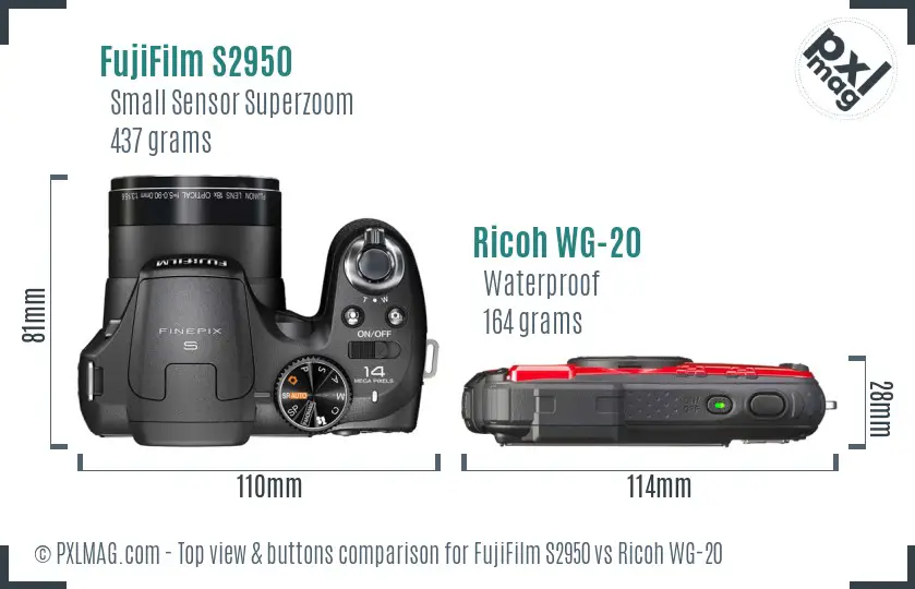 FujiFilm S2950 vs Ricoh WG-20 top view buttons comparison