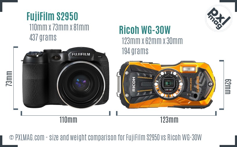 FujiFilm S2950 vs Ricoh WG-30W size comparison