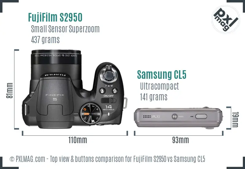 FujiFilm S2950 vs Samsung CL5 top view buttons comparison