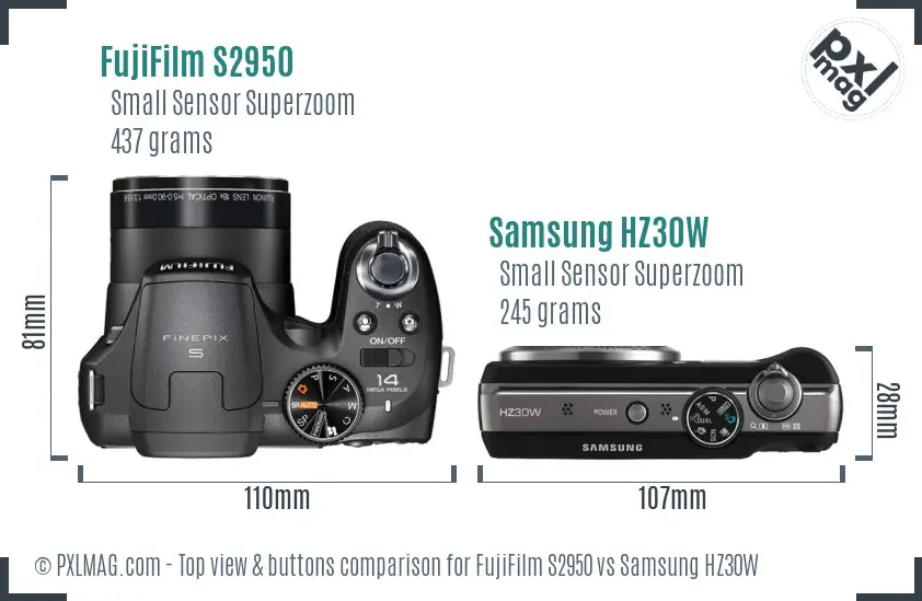 FujiFilm S2950 vs Samsung HZ30W top view buttons comparison