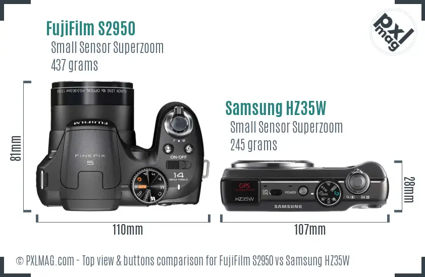 FujiFilm S2950 vs Samsung HZ35W top view buttons comparison FujiFilm S2950 vs Samsung HZ35W top view buttons comparison