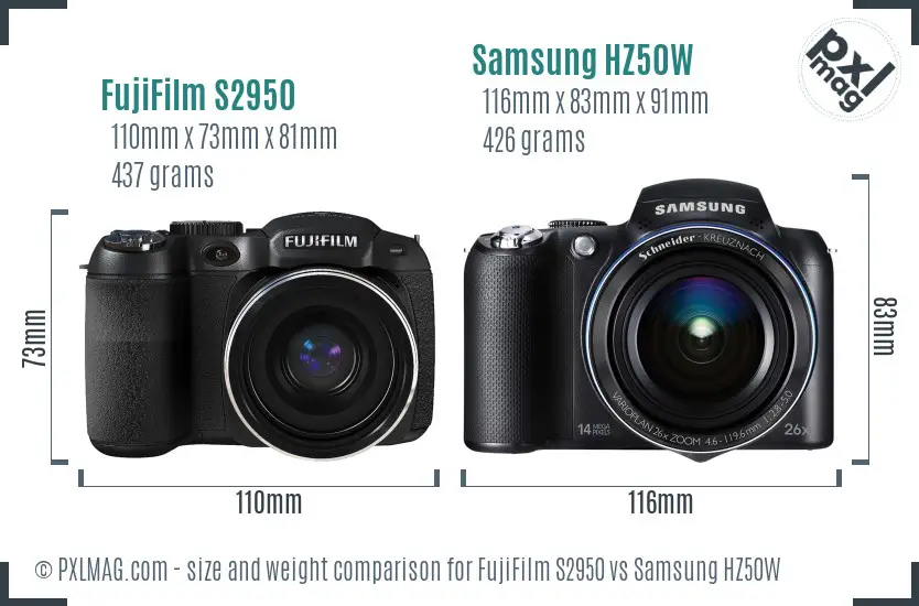 FujiFilm S2950 vs Samsung HZ50W size comparison