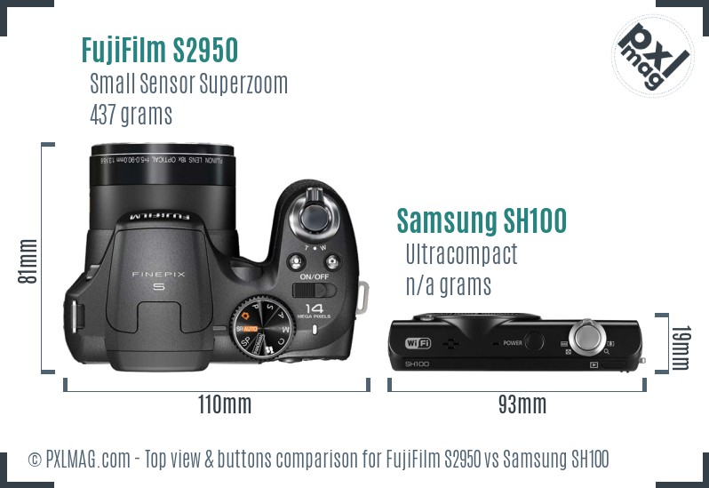 FujiFilm S2950 vs Samsung SH100 top view buttons comparison