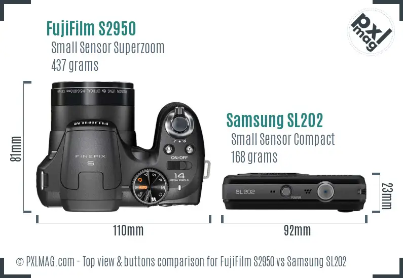 FujiFilm S2950 vs Samsung SL202 top view buttons comparison