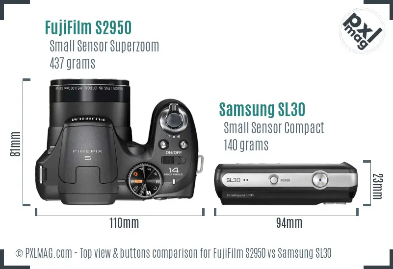 FujiFilm S2950 vs Samsung SL30 top view buttons comparison