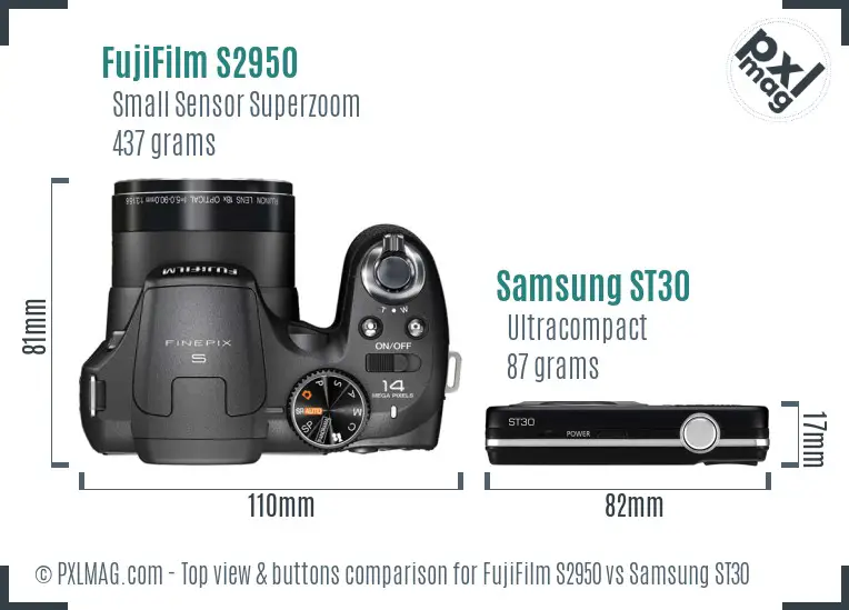 FujiFilm S2950 vs Samsung ST30 top view buttons comparison FujiFilm S2950 vs Samsung ST30 top view buttons comparison