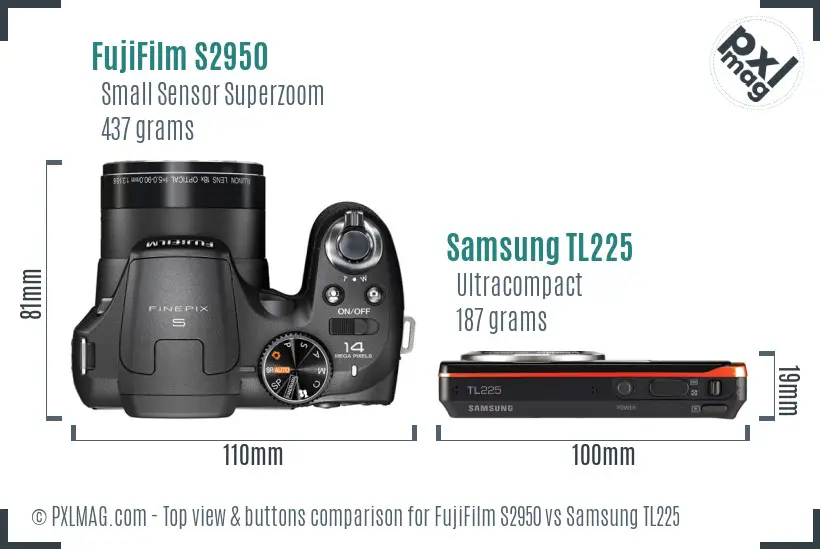 FujiFilm S2950 vs Samsung TL225 top view buttons comparison FujiFilm S2950 vs Samsung TL225 top view buttons comparison