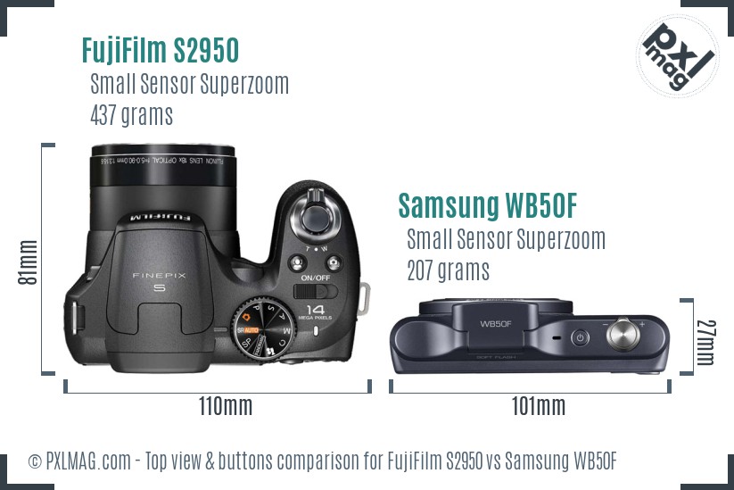 FujiFilm S2950 vs Samsung WB50F top view buttons comparison