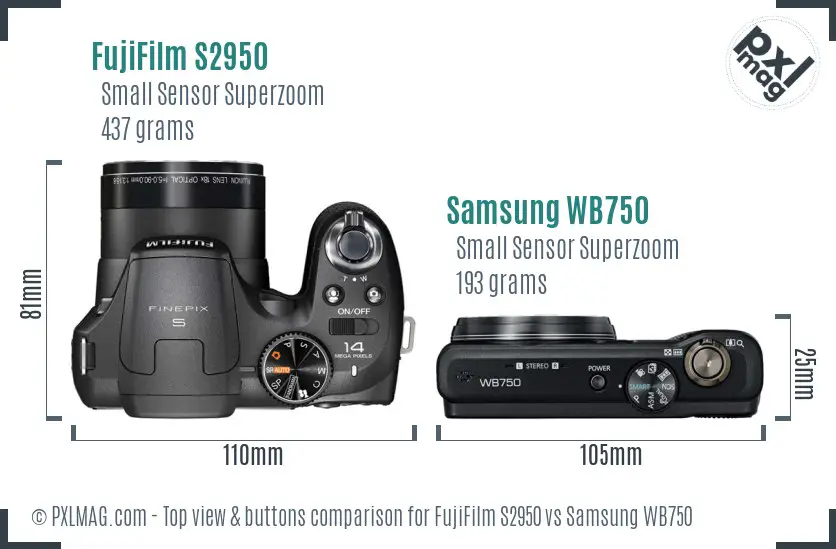 FujiFilm S2950 vs Samsung WB750 top view buttons comparison FujiFilm S2950 vs Samsung WB750 top view buttons comparison