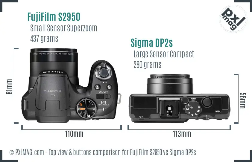 FujiFilm S2950 vs Sigma DP2s top view buttons comparison FujiFilm S2950 vs Sigma DP2s top view buttons comparison