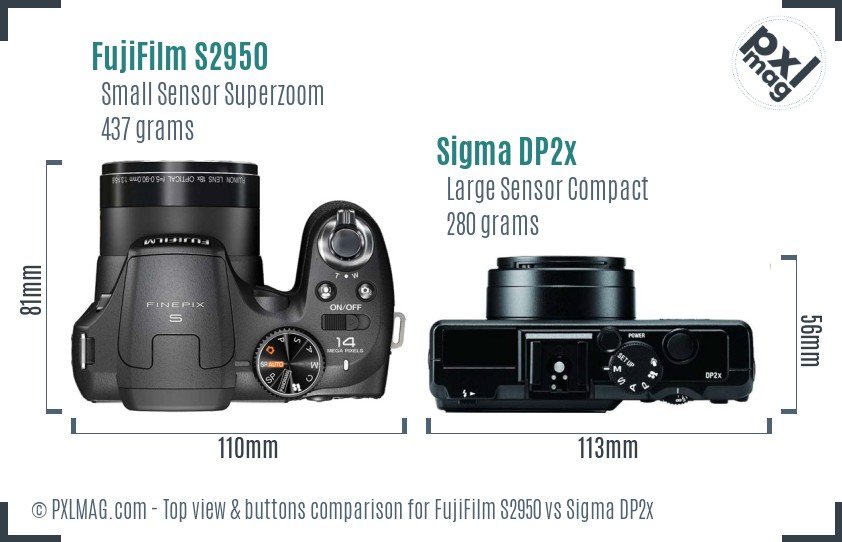 FujiFilm S2950 vs Sigma DP2x top view buttons comparison