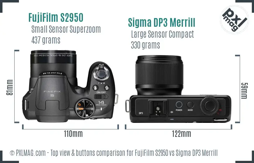 FujiFilm S2950 vs Sigma DP3 Merrill top view buttons comparison
