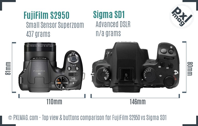 FujiFilm S2950 vs Sigma SD1 top view buttons comparison
