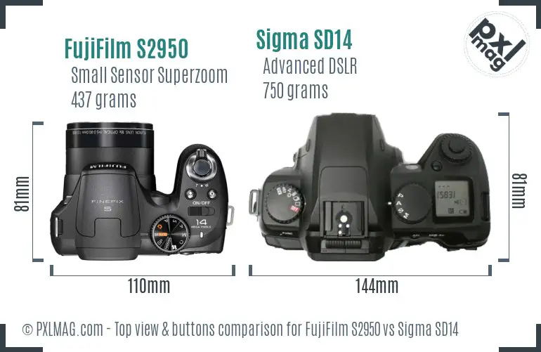 FujiFilm S2950 vs Sigma SD14 top view buttons comparison