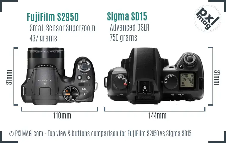 FujiFilm S2950 vs Sigma SD15 top view buttons comparison