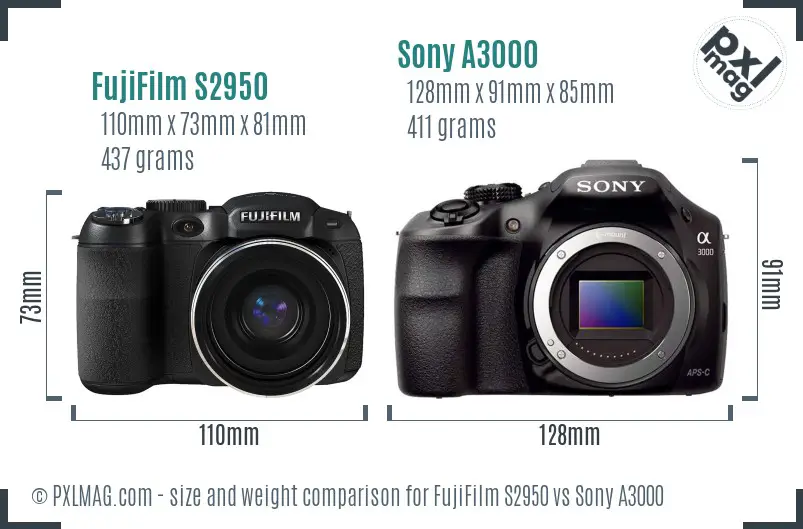 FujiFilm S2950 vs Sony A3000 size comparison