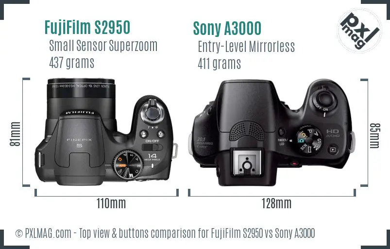 FujiFilm S2950 vs Sony A3000 top view buttons comparison