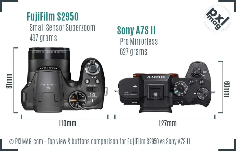 FujiFilm S2950 vs Sony A7S II top view buttons comparison FujiFilm S2950 vs Sony A7S II top view buttons comparison