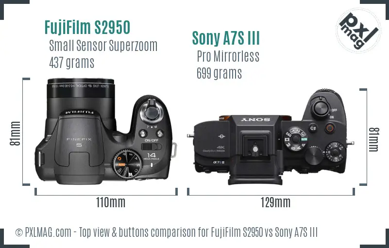 FujiFilm S2950 vs Sony A7S III top view buttons comparison