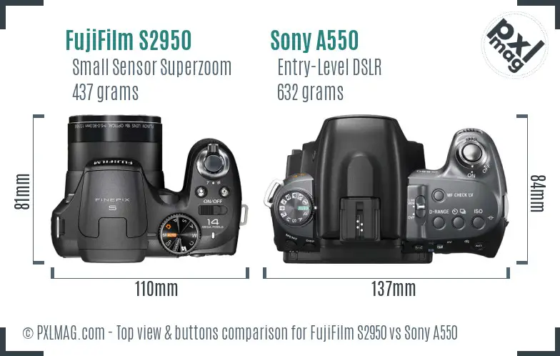 FujiFilm S2950 vs Sony A550 top view buttons comparison