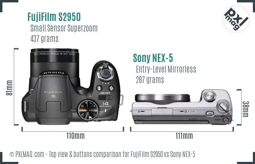FujiFilm S2950 vs Sony NEX-5 top view buttons comparison