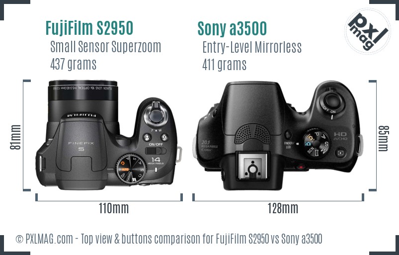 FujiFilm S2950 vs Sony a3500 top view buttons comparison