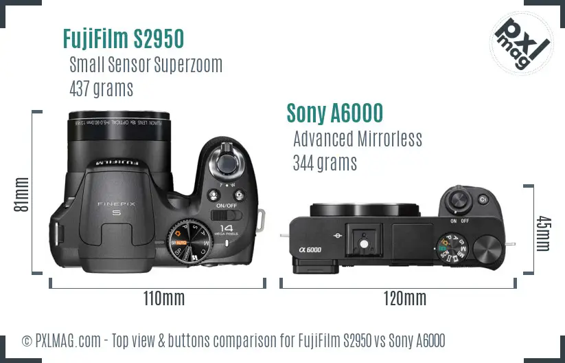 FujiFilm S2950 vs Sony A6000 top view buttons comparison