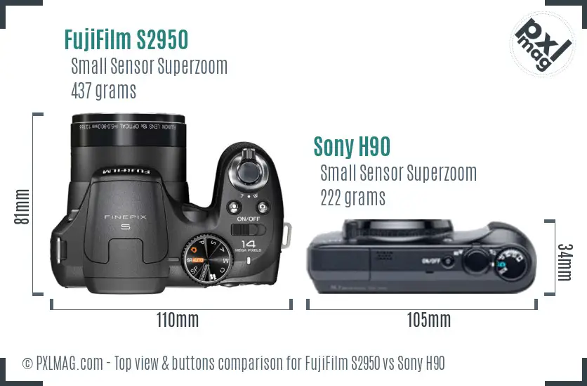 FujiFilm S2950 vs Sony H90 top view buttons comparison FujiFilm S2950 vs Sony H90 top view buttons comparison
