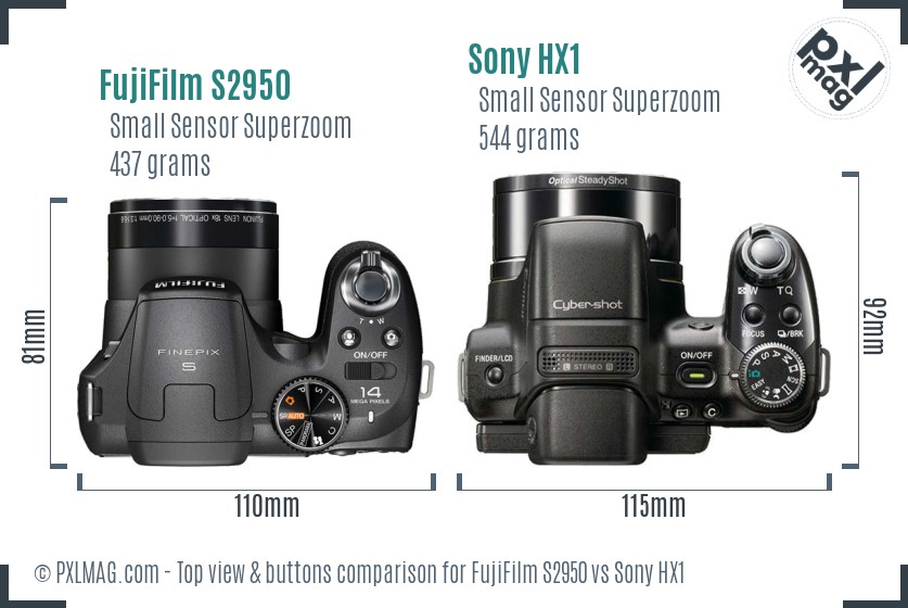 FujiFilm S2950 vs Sony HX1 top view buttons comparison
