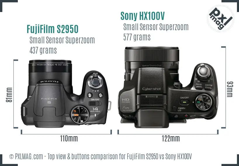 FujiFilm S2950 vs Sony HX100V top view buttons comparison