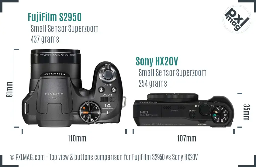 FujiFilm S2950 vs Sony HX20V top view buttons comparison