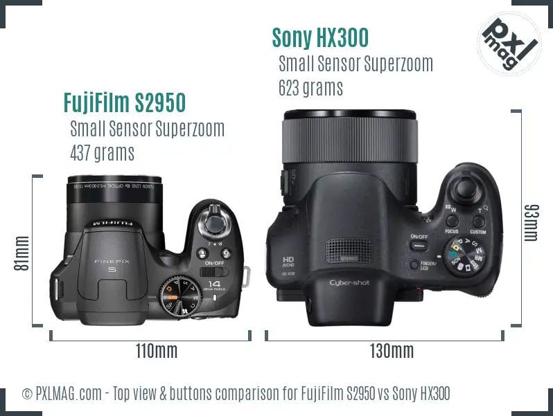 FujiFilm S2950 vs Sony HX300 top view buttons comparison