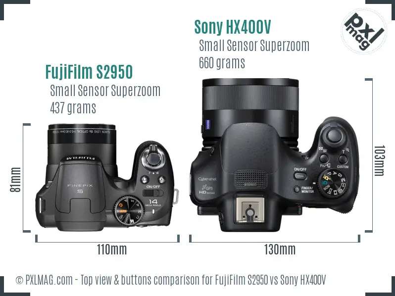 FujiFilm S2950 vs Sony HX400V top view buttons comparison