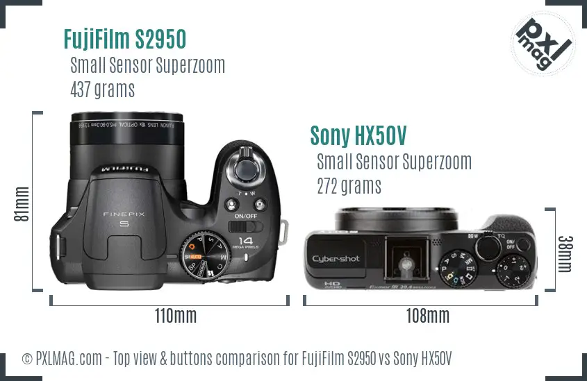 FujiFilm S2950 vs Sony HX50V top view buttons comparison