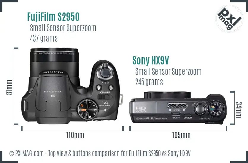 FujiFilm S2950 vs Sony HX9V top view buttons comparison